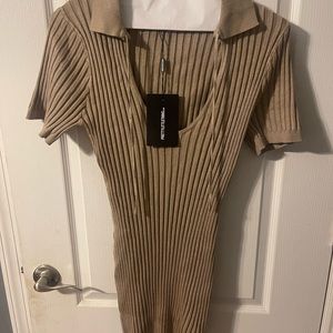 Pretty Little thing tan dress with short sleeves.